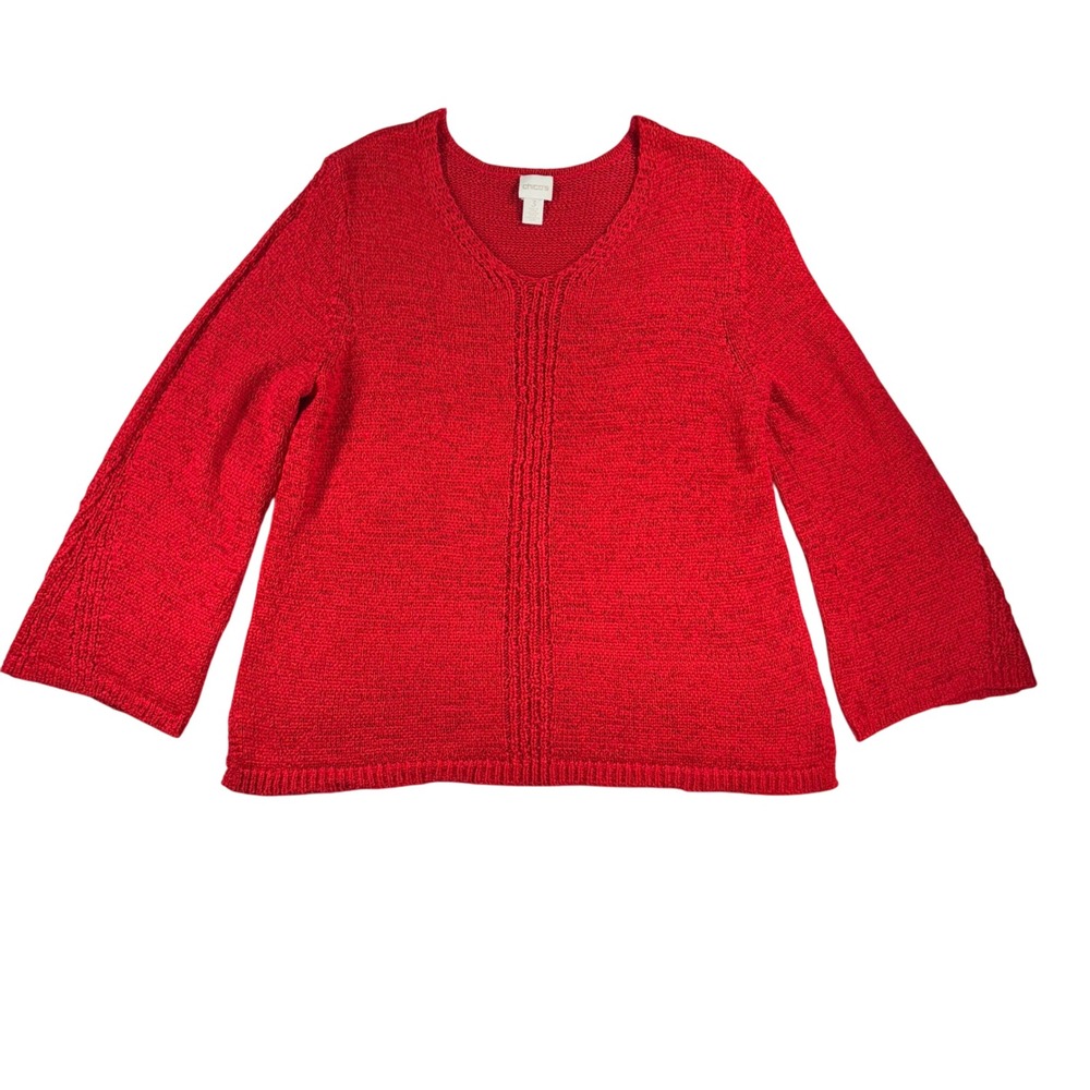 NEW Chicos Red Knit V Neck Bell Sleeve Sweater Top Size 3 XL Ribbon Yarn Holiday